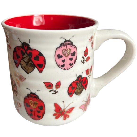 SHEFFIELD HOME Ladybug & Hearts Speckled MUG Sturdy Red Pink Gold 4.5" tall - Picture 1 of 14